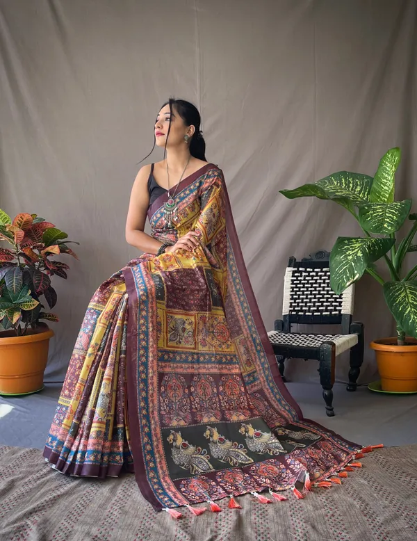 Yellow_Pure_Soft_Cotton_Kalamkari_Print_Saree_With_Blouse_Piece_Attached